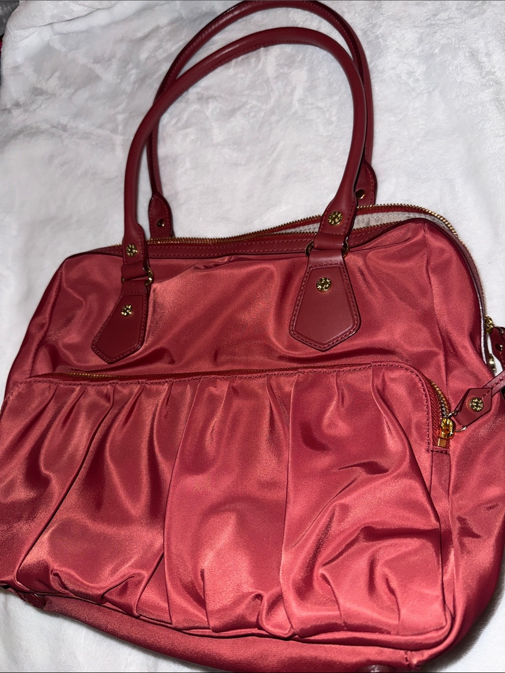 MZ Wallace Coral Pleated Nylon Tote with Gold Hardware